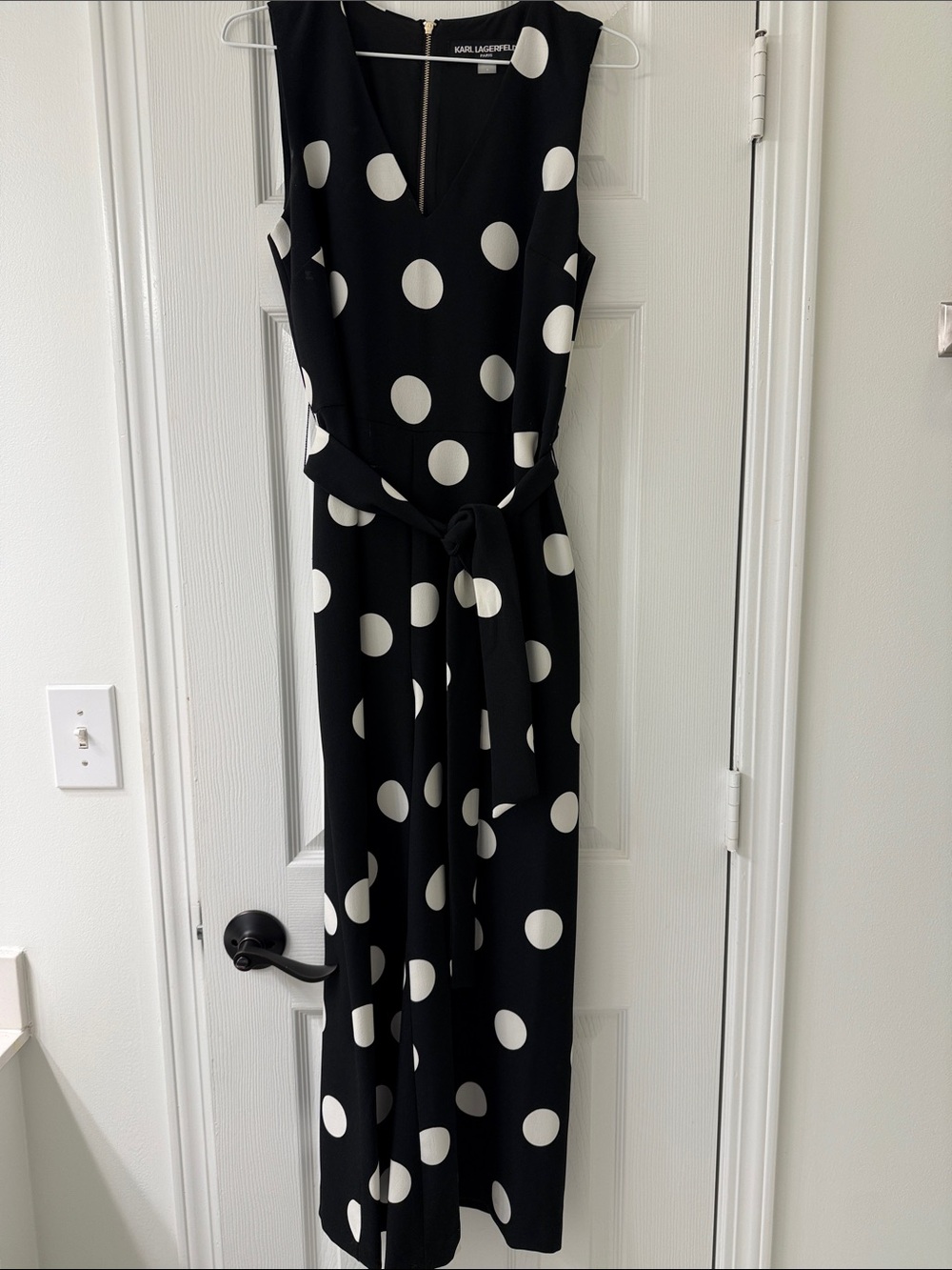 Karl Lagerfeld Black Wide-Leg Jumpsuit with White Polka Dots